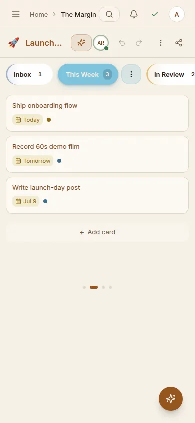 The Margin board on a phone: This Week column with due-dated cards