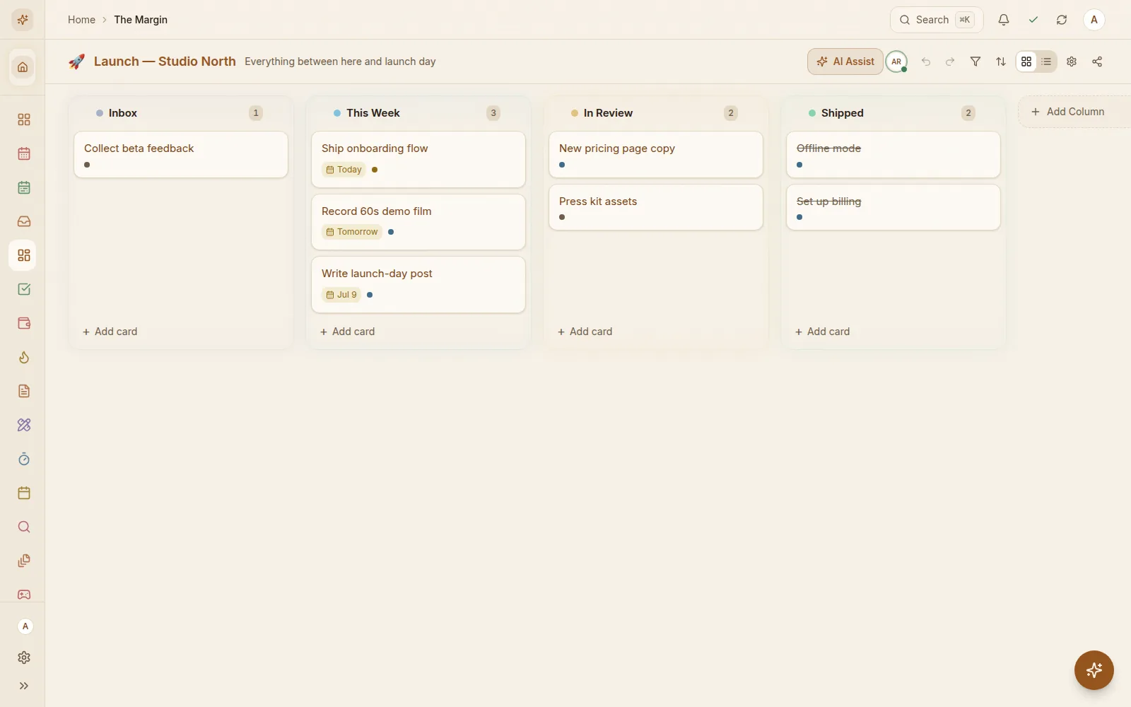 The Margin board view: a launch board with Inbox, This Week, In Review and Shipped columns, real cards with due dates