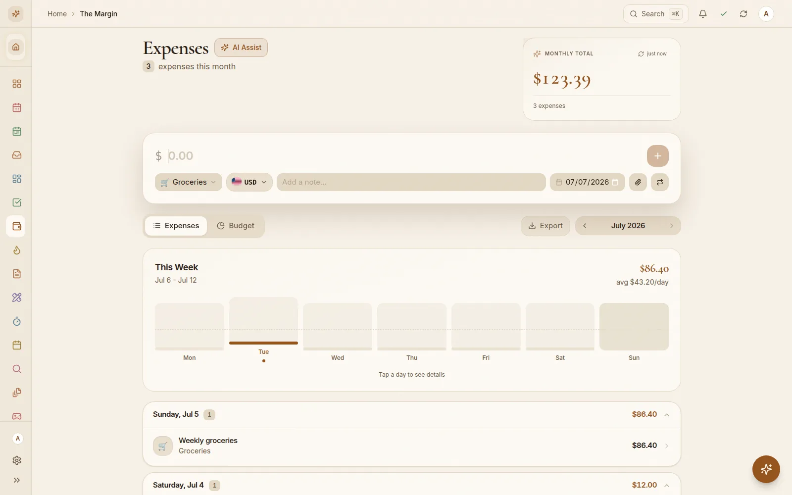 Expenses — categories, budgets, multi-currency