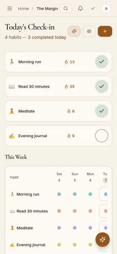 The Margin on a phone: today's habit check-in with streaks