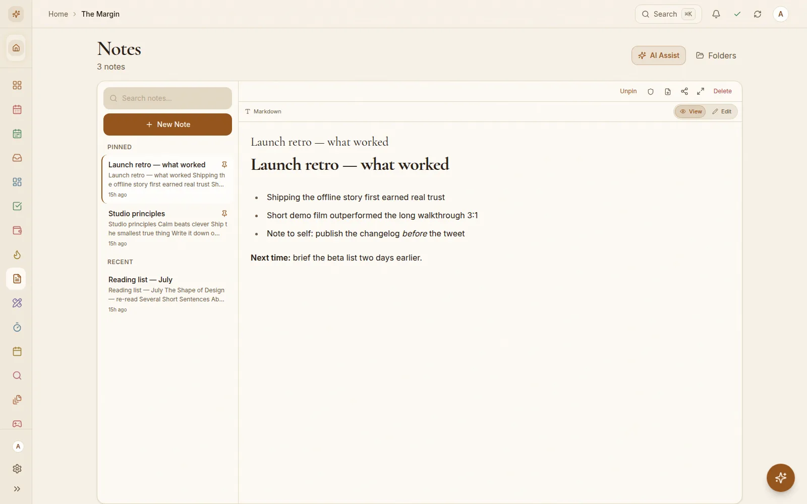 Notes — pinned and recent, full markdown
